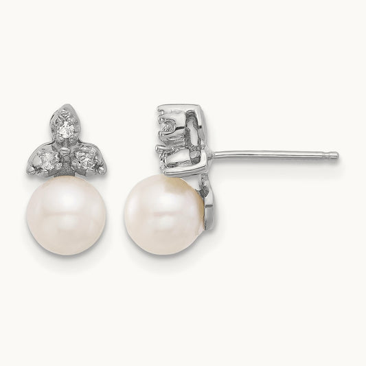 5- Round White FWC Pearl .06ct Dia Post Earrings, 6mm, 14K White Gold