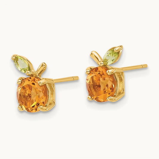 Citrine and Peridot Orange Post Earrings, 14K Gold