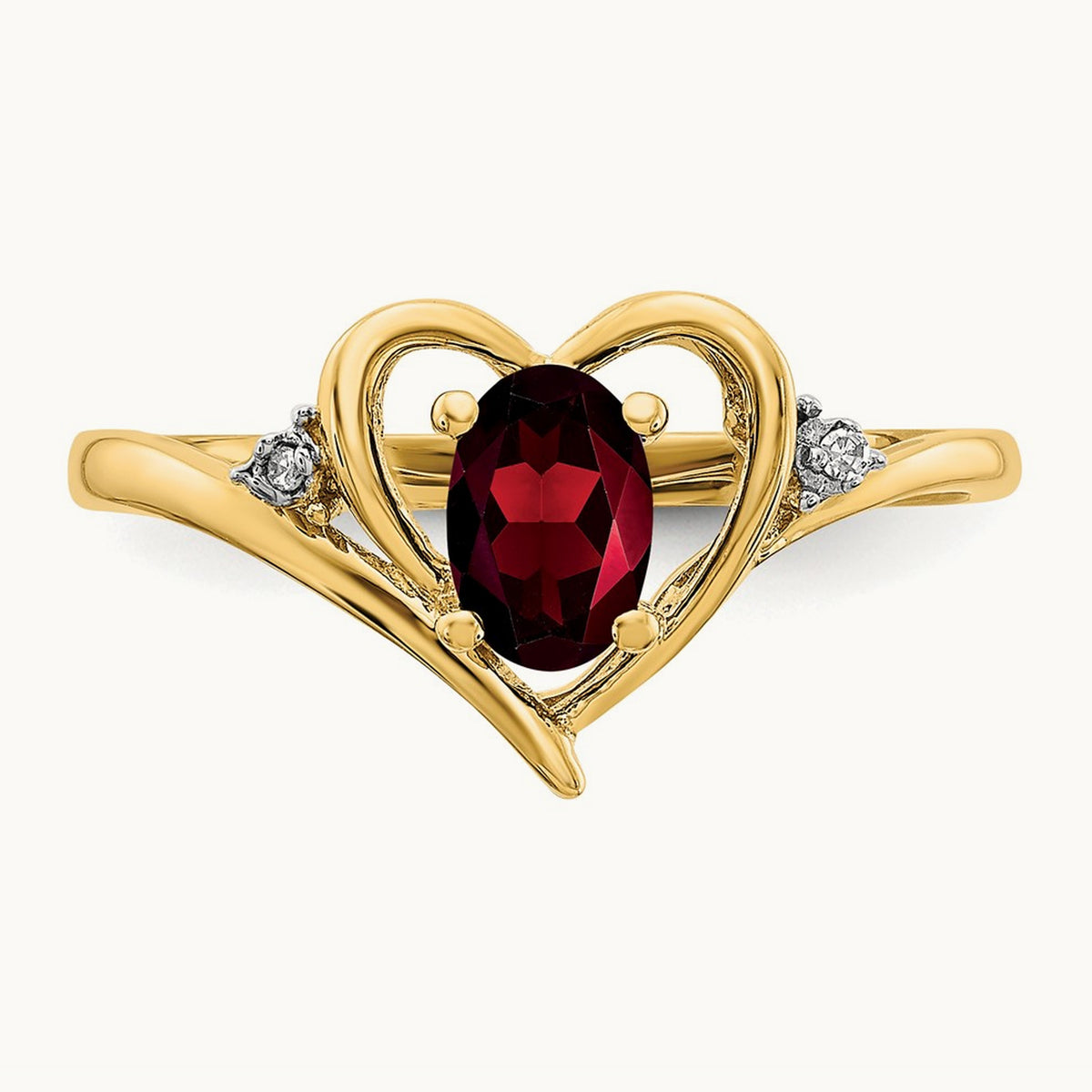 Garnet and Diamond Heart Ring — 14K Yellow Gold, 7