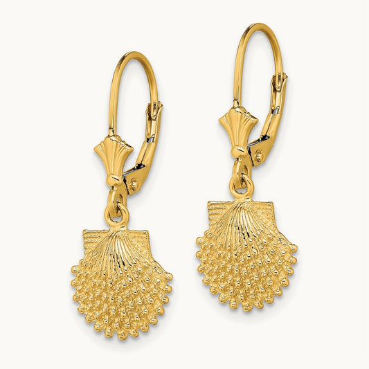 2-D Beaded Scallop Shell Leverback Earrings, 14K