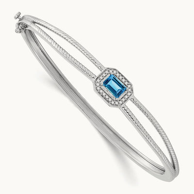 Emerald-shape Blue Topaz and Diamond Halo Bangle, 14K White Gold