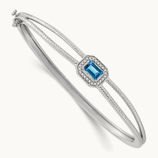 Emerald-shape Blue Topaz and Diamond Halo Bangle, 14K White Gold