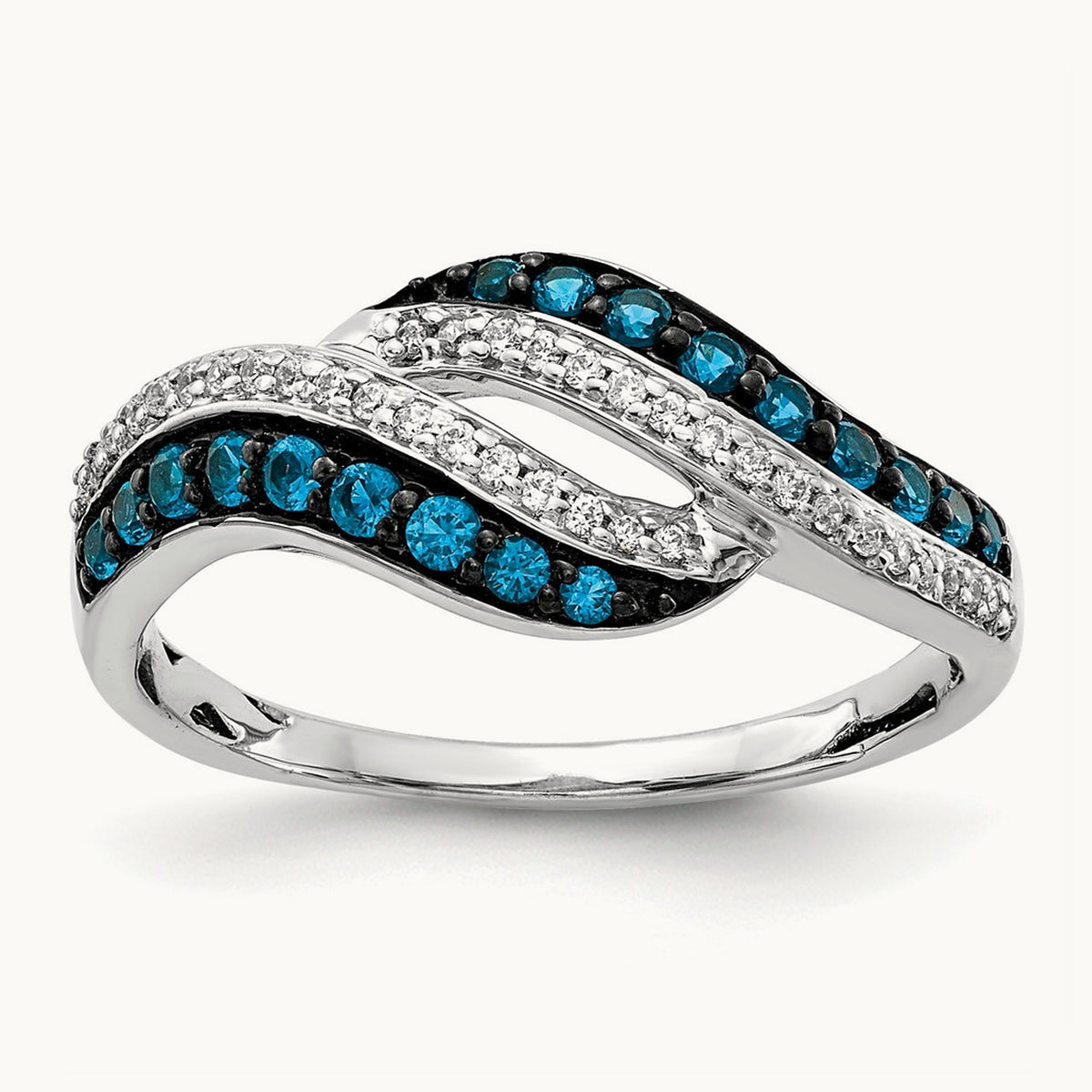 Blue and White Diamond Swirl Ring, 14K White Gold