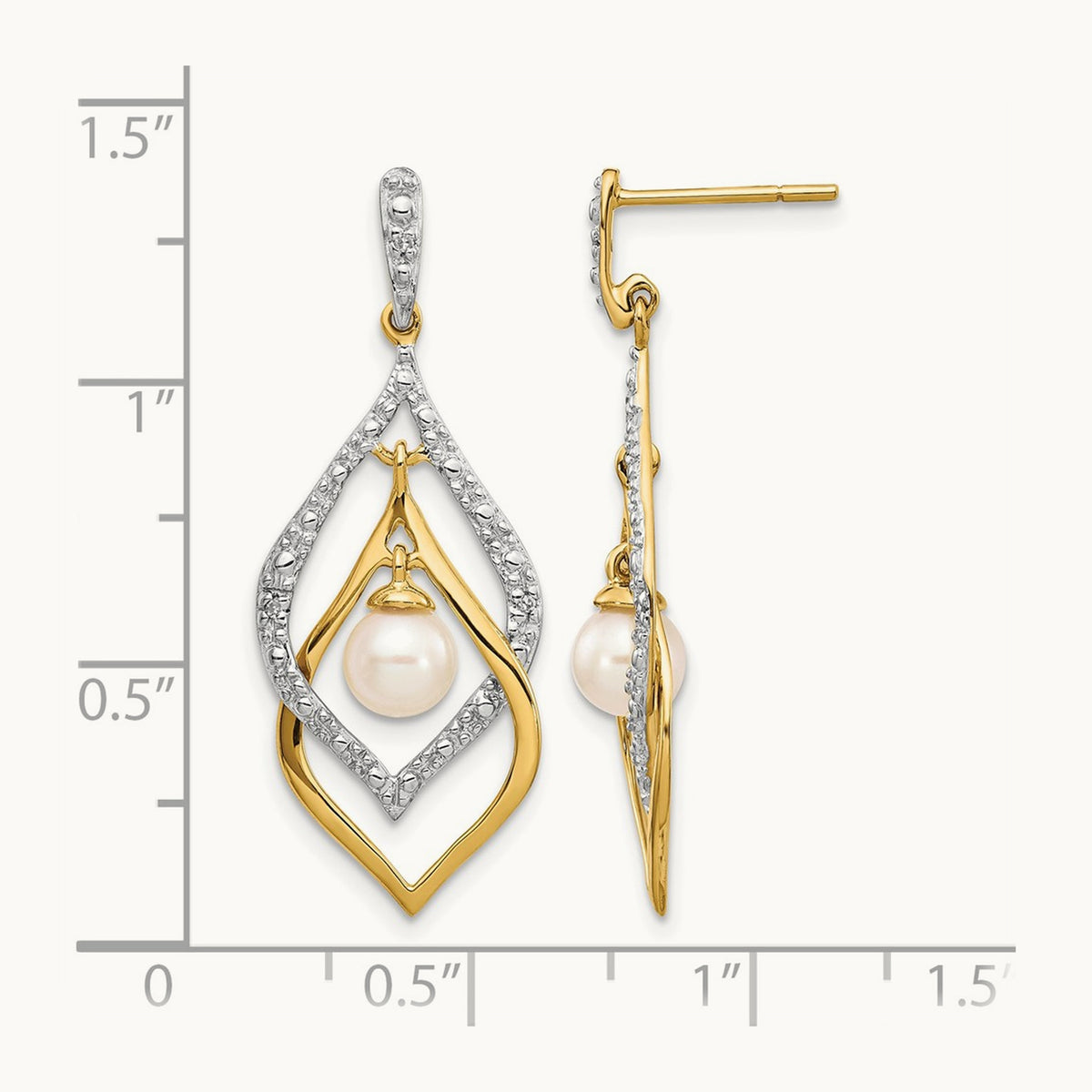 5- White Round FWC Pearl .02ct Diamond Dangle Earrings, 6mm, 14K