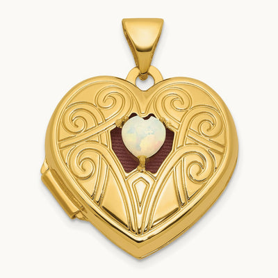 Polished Opal October Birthstone Heart Locket, 18mm, 14K