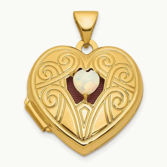 Polished Opal October Birthstone Heart Locket, 18mm, 14K