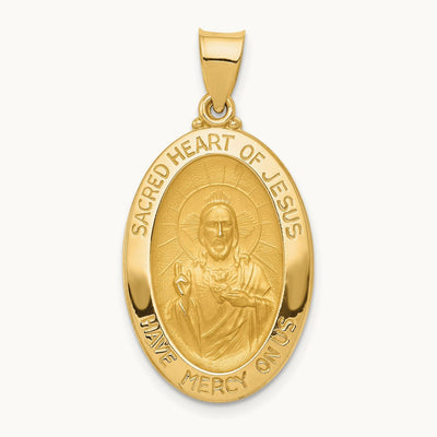 Polished and Satin Sacred Heart of Jesus Medal Hollow Pendant, 14K