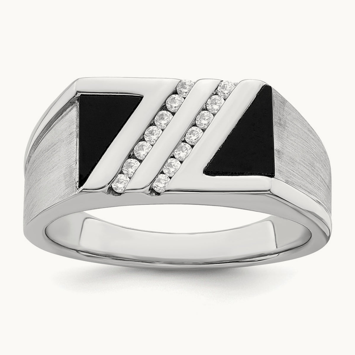 Polished & Satin Onyx & Diamond Mens Ring, 14K White Gold
