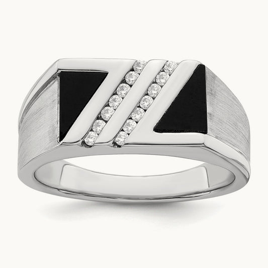Polished & Satin Onyx & Diamond Mens Ring, 14K White Gold