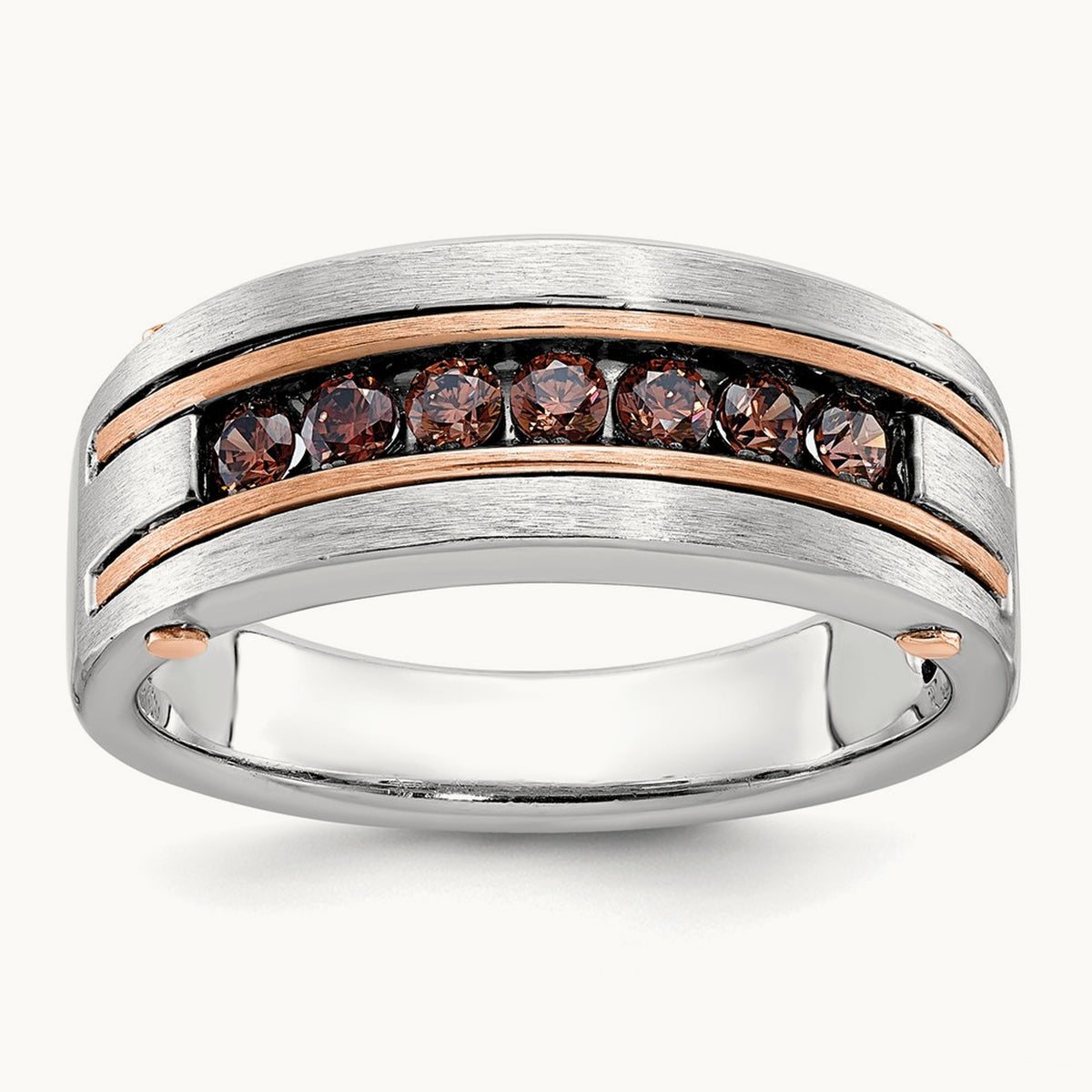White/Rose Gold IBGoodman Men's Satin Brown Diamond Ring, 14K