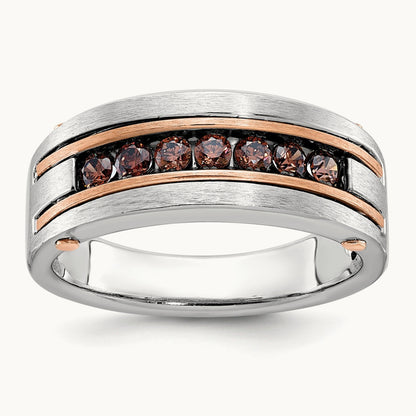 White/Rose Gold IBGoodman Men's Satin Brown Diamond Ring, 14K