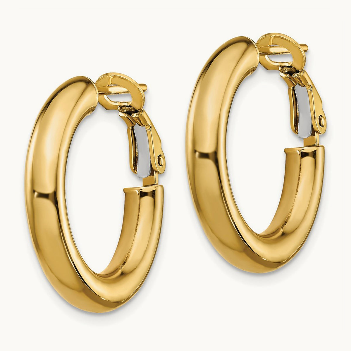 Polished Round Omega Back Hoop Earrings — 14K Yellow Gold, 4x23mm