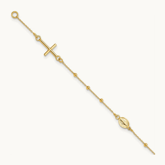 Polished Cross Rosary 7.5 inch Bracelet, 14K