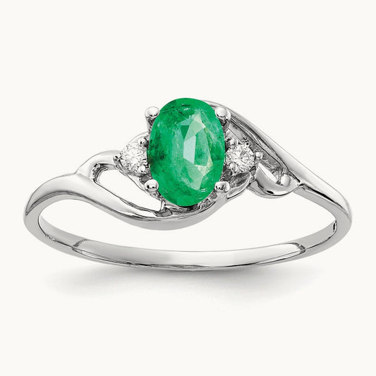 6x4mm Oval Emerald AA Diamond ring, 14K White Gold