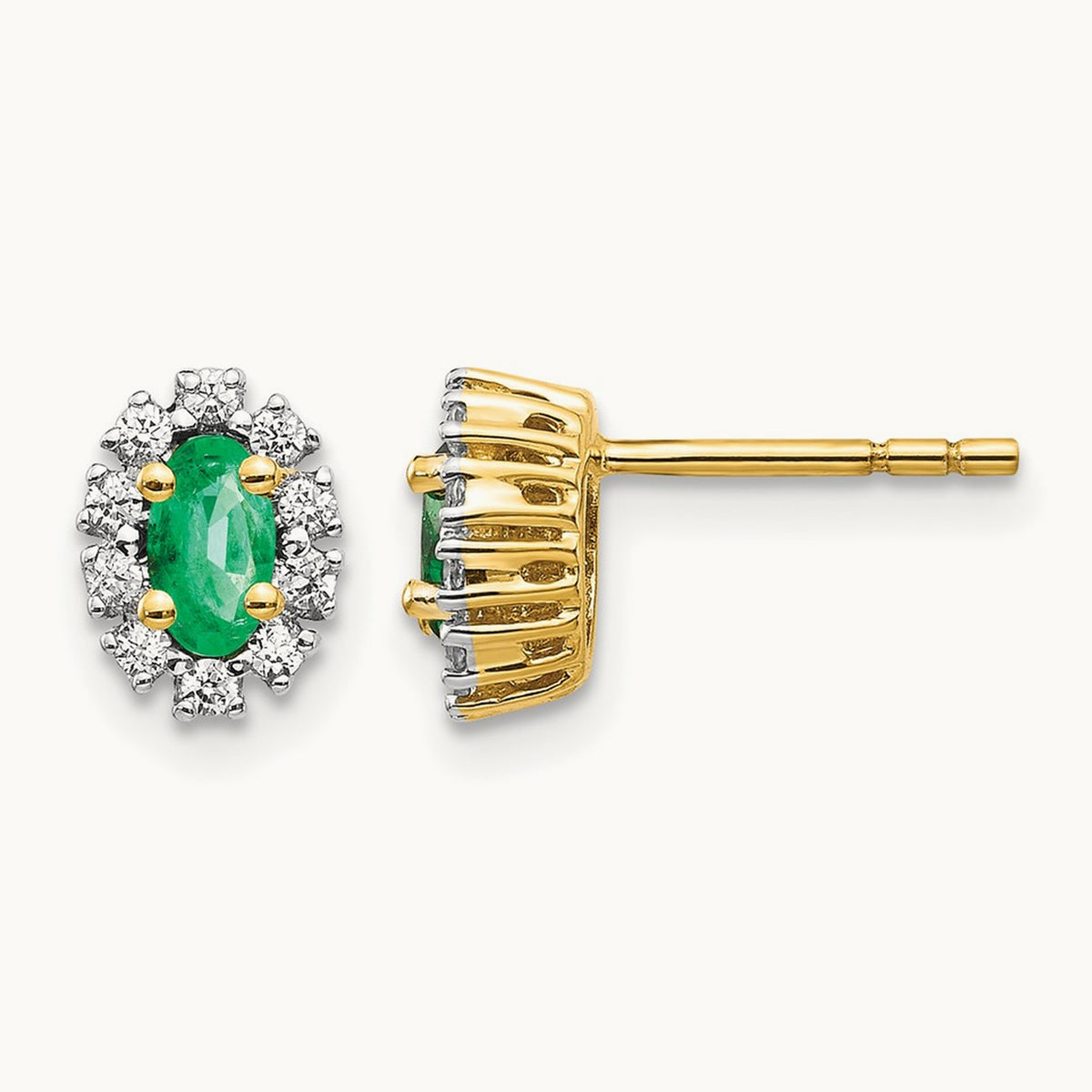 Diamond and Emerald Oval Halo Earrings — 14K Yellow Gold