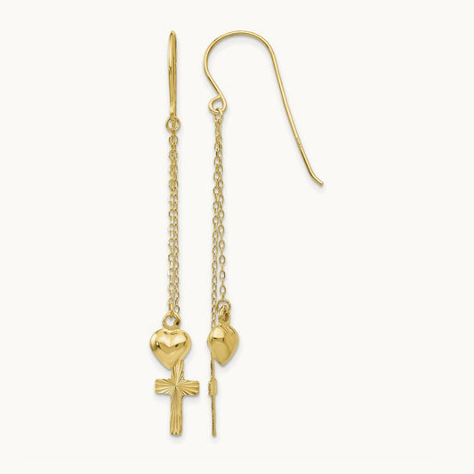 Ropa Chain Puffed Heart and Diamond Cut Cross Dangle Earrings, 14K