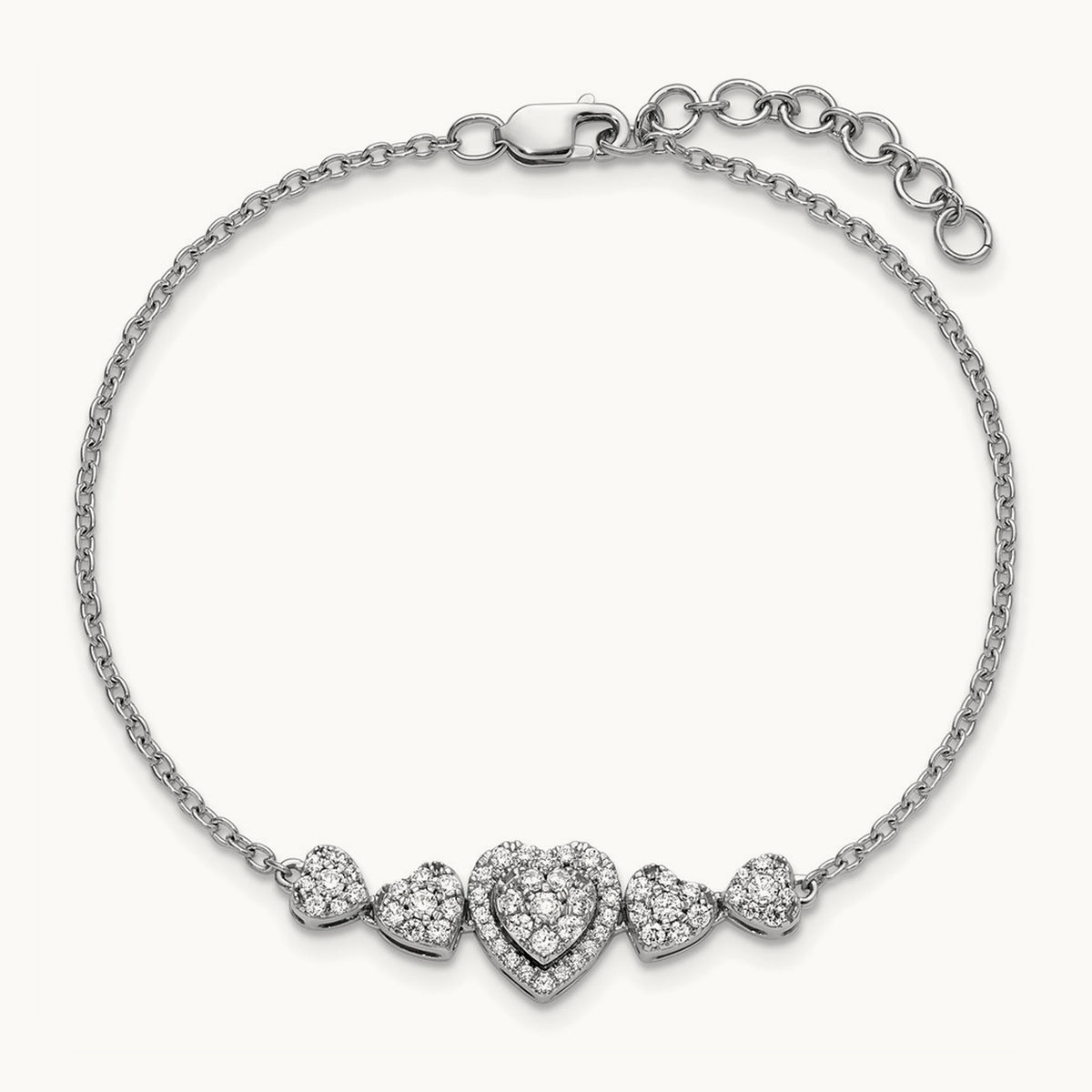 Polished Diamond Hearts with 1in ext. Bracelet, 14K White Gold