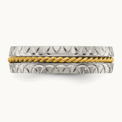 Brushed, Polished and Textured Yellow IP Center Band, 6mm, Stainless Steel