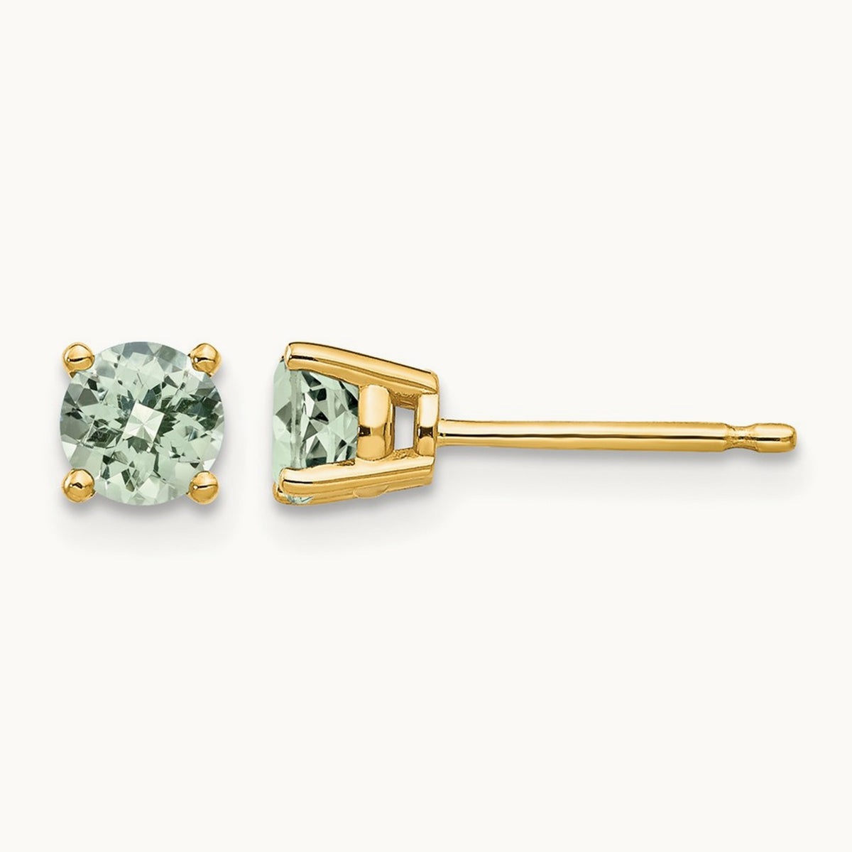 Round Checker-Cut Green Quartz Earrings — 14K Yellow Gold, 4mm