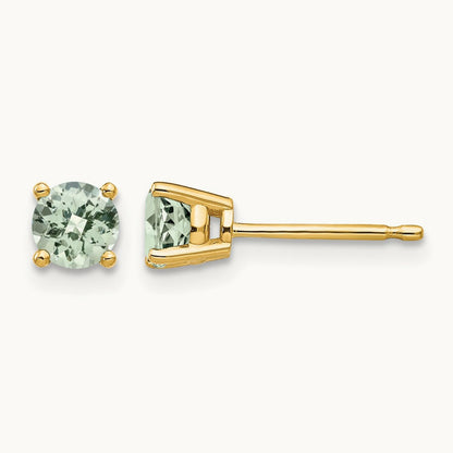 Round Checker-Cut Green Quartz Earrings — 14K Yellow Gold, 4mm