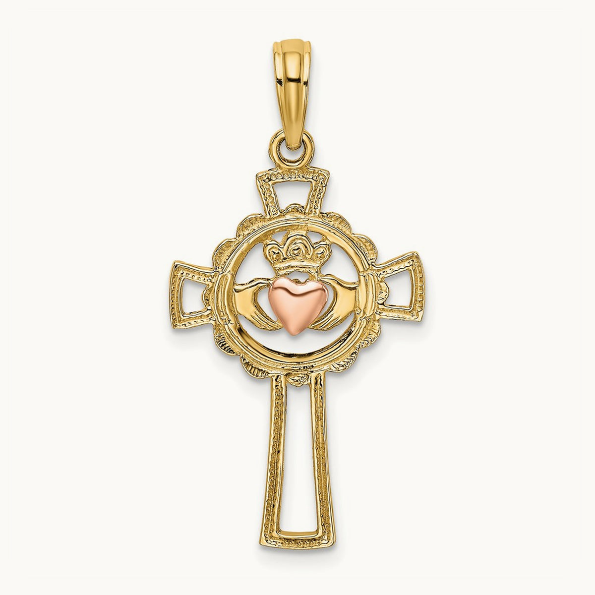 Claddagh Cross Charm — 14K Two-Tone Gold, 27.8mm