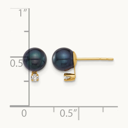 6- Round Black Akoya Pearl and .06ct Diamond Post Earrings, 7mm, 14K
