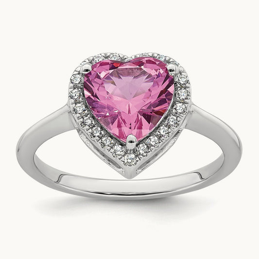 Natural Pink Sapphire Heart Ring, 0.15 ct tw Lab-Grown Diamond