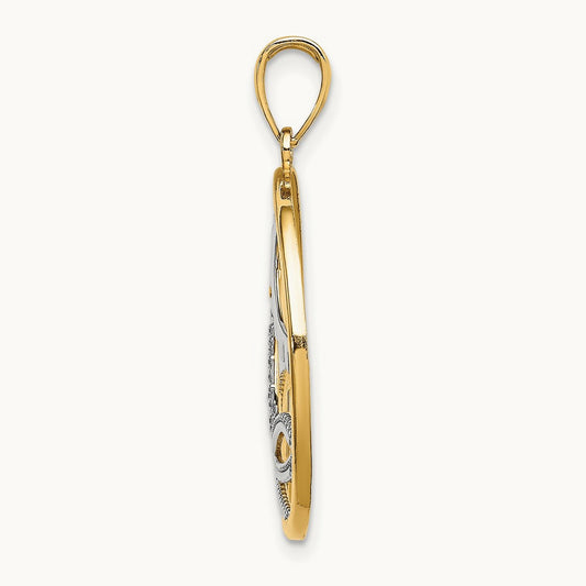 w/Rhodium Sun Sailboat Water Seagulls Circle Charm, 14K