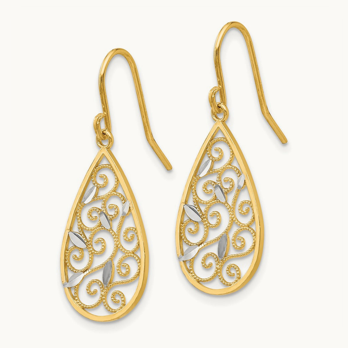 Rhodium Diamond-cut Filigree Teardrop Wire Earrings, 14K White