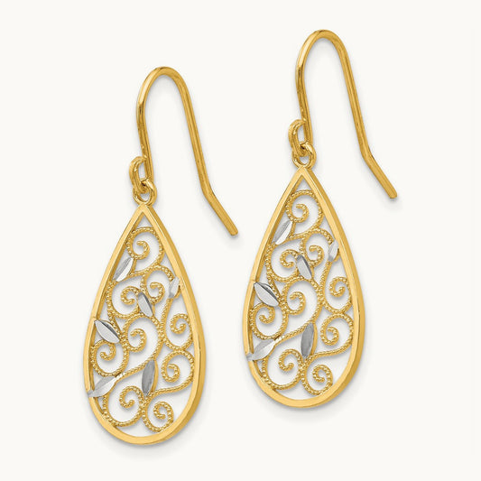 Rhodium Diamond-cut Filigree Teardrop Wire Earrings, 14K White