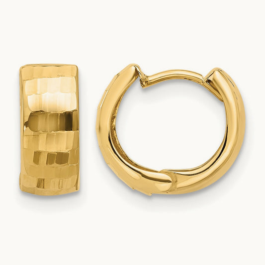 Polished and Diamond-cut Huggie Hoop Earrings — 14K Yellow Gold