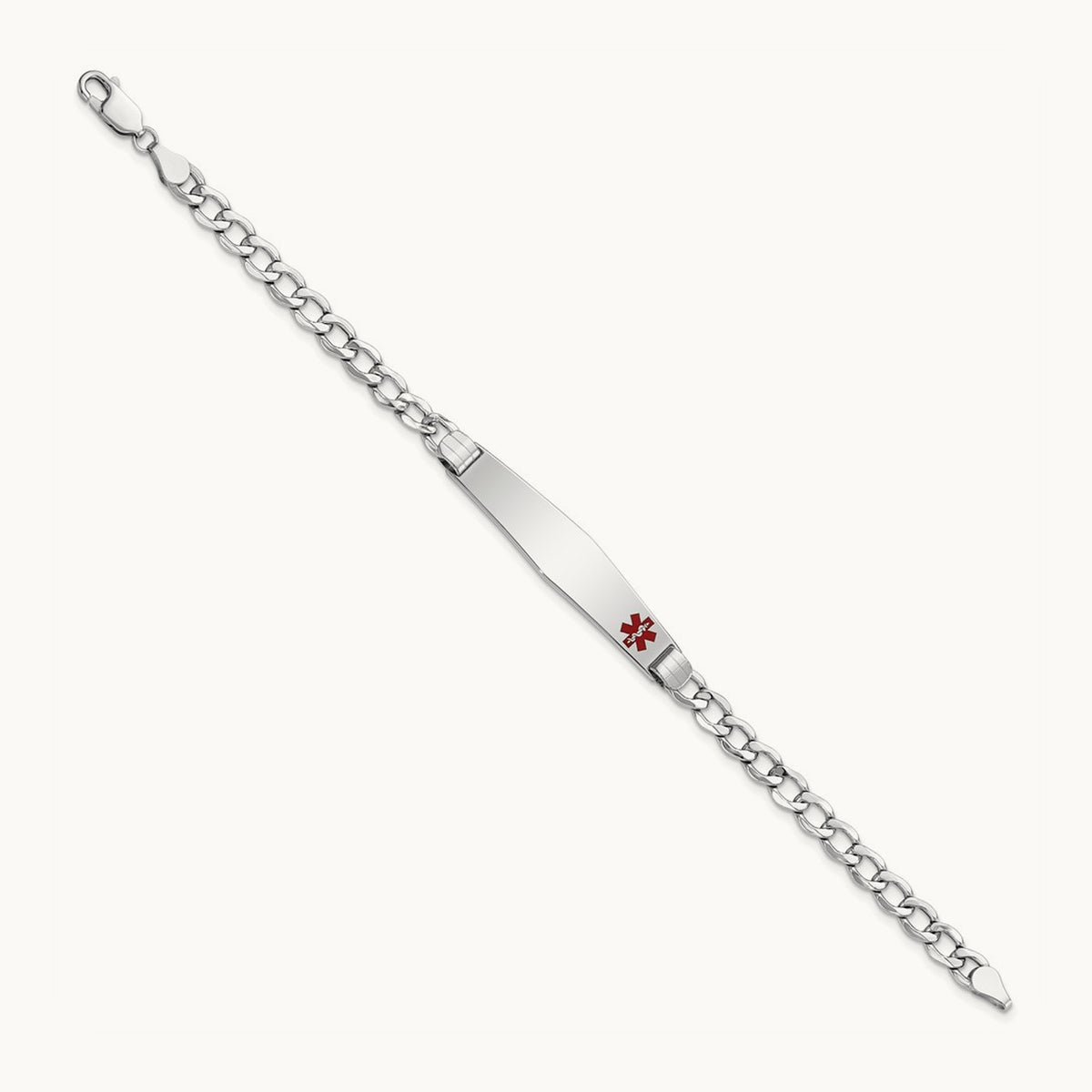 WG Semi-Solid Medical Soft Diamond Shape Red Enamel Cuban ID Bracelet, 14K