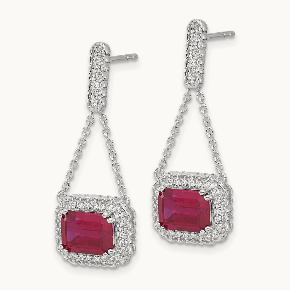 Created Ruby and Diamond Dangle Earrings, 14K White Gold