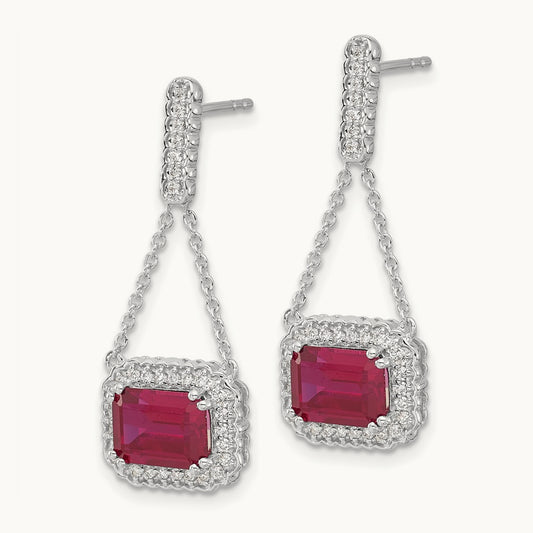 Created Ruby and Diamond Dangle Earrings, 14K White Gold
