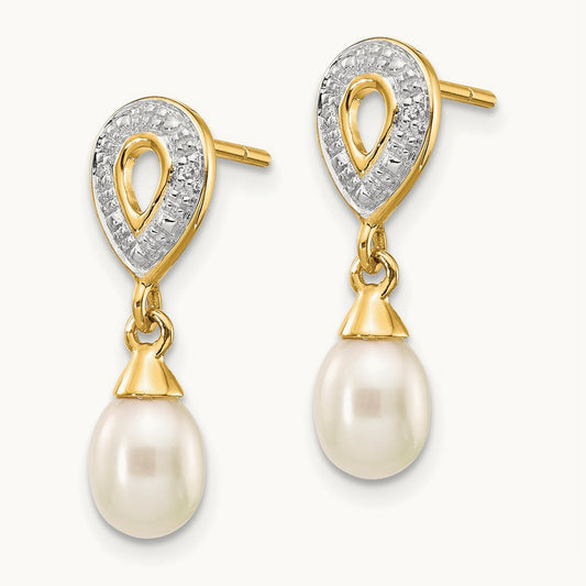 7x5mm White Teardrop FWC Pearl .01ct Diamond Dangle Earrings, 14K