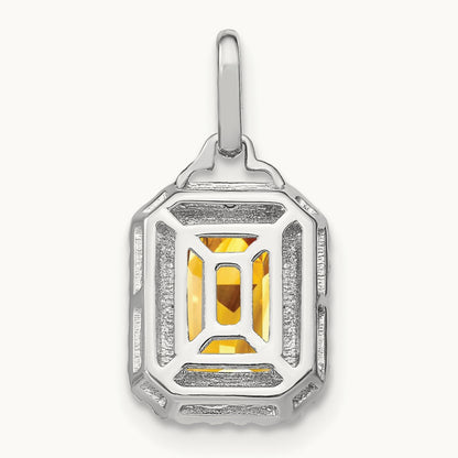Emerald-cut Citrine and Diamond Halo Pendant, 14K White Gold
