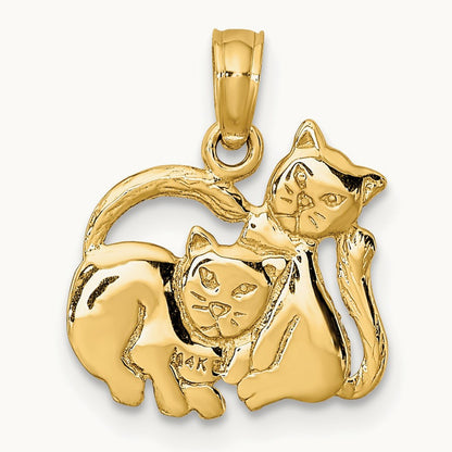 3-D Polished Two Kittens Charm, 14K