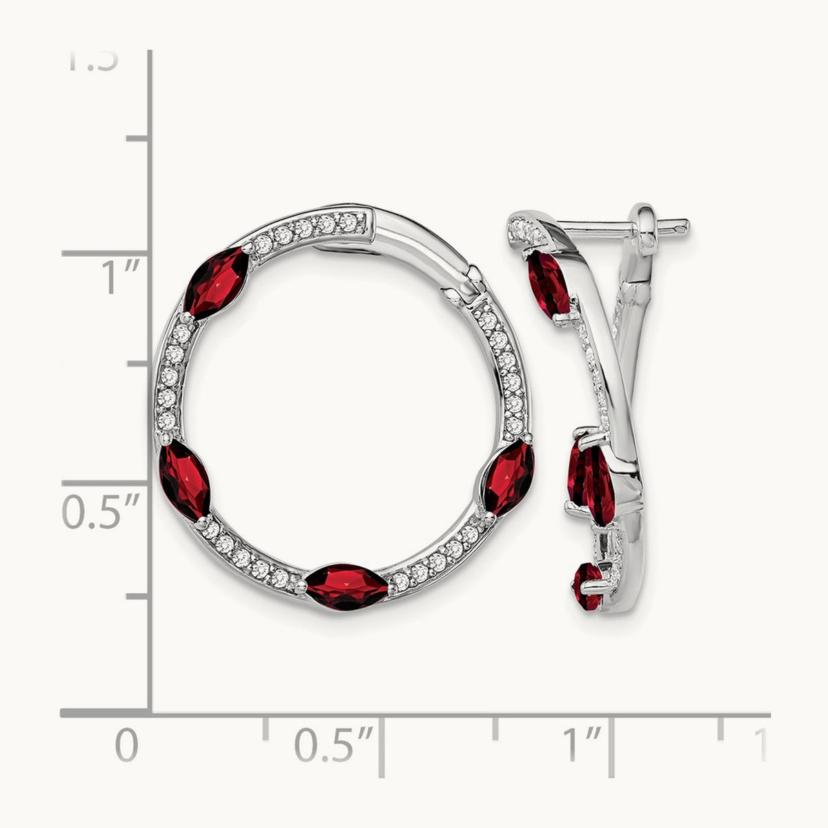 Garnet and Diamond Hoop Earrings, 14K White Gold