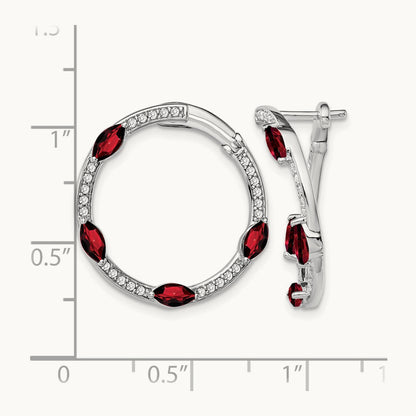 Garnet and Diamond Hoop Earrings, 14K White Gold