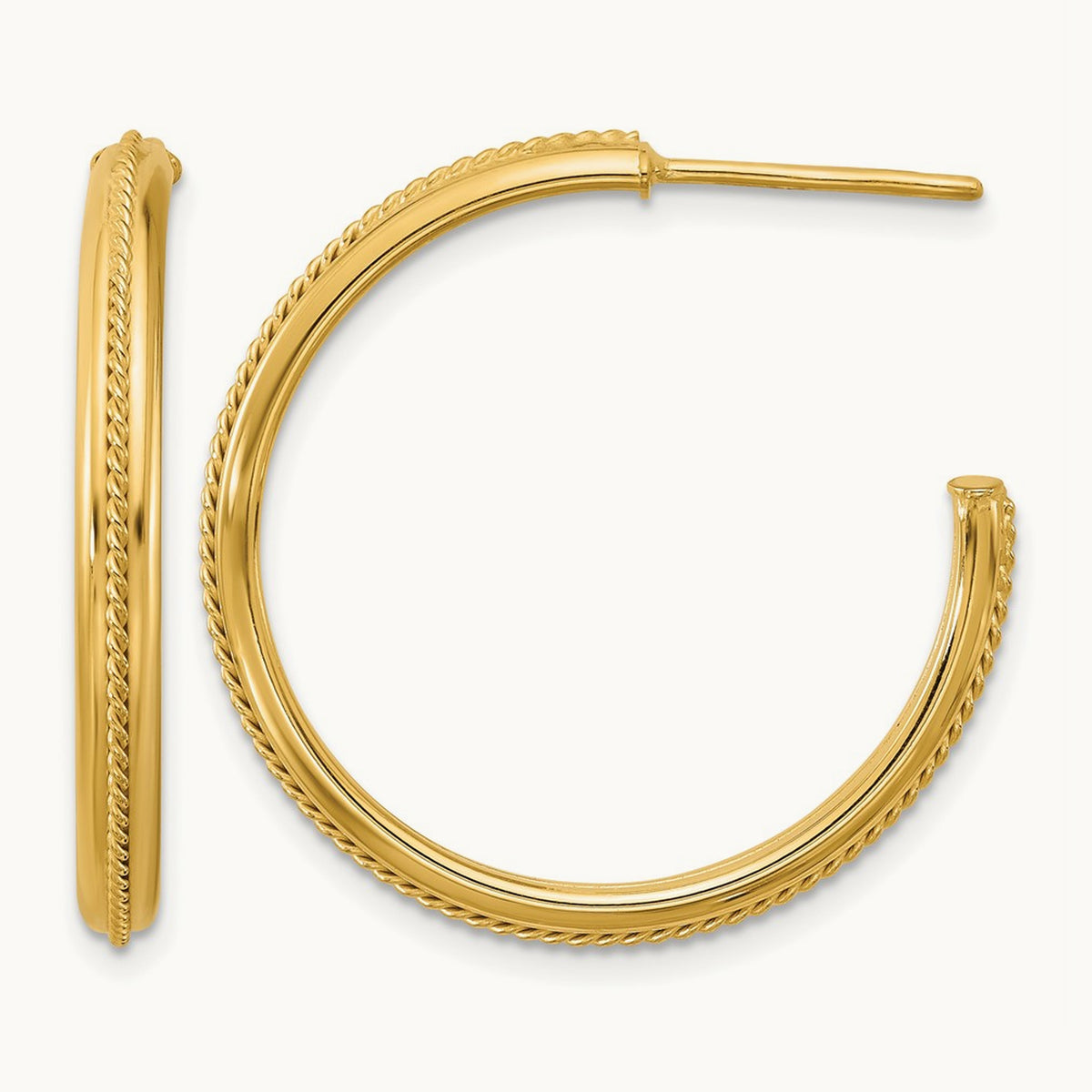 Polished and Textured Round J-Hoop Earrings — 30mm