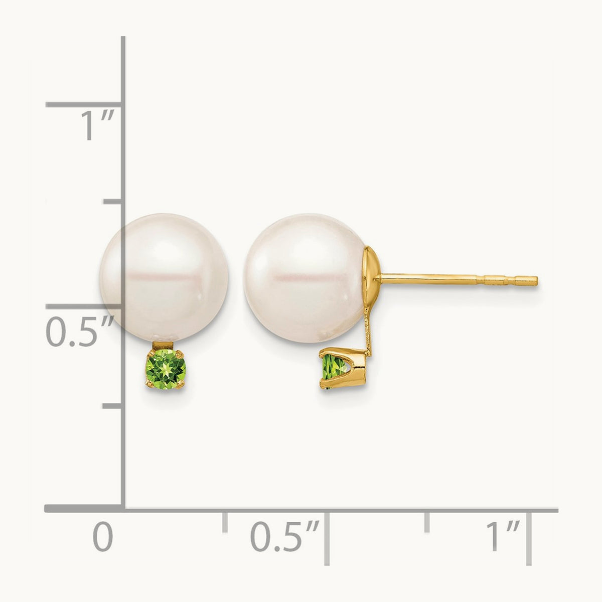 8- White Round Freshwater Cultured Pearl Peridot Post Earrings, 8.5mm, 14K