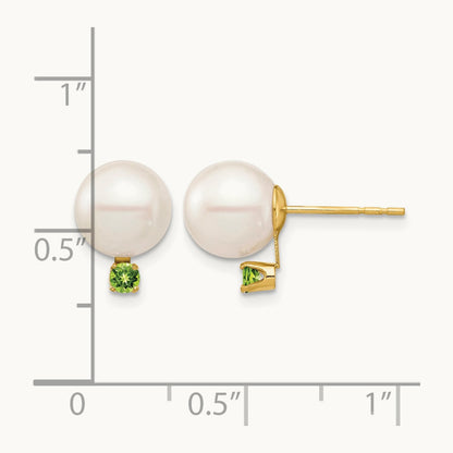 8- White Round Freshwater Cultured Pearl Peridot Post Earrings, 8.5mm, 14K