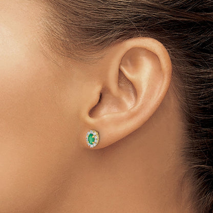 Diamond and Emerald Oval Halo Earrings — 14K Yellow Gold