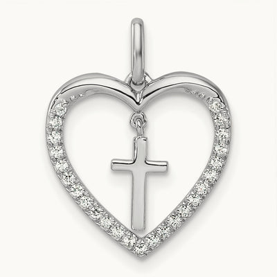 Polished Diamond Heart Dangle Cross Pendant, 14K White Gold