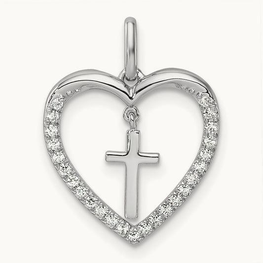 Polished Diamond Heart Dangle Cross Pendant, 14K White Gold