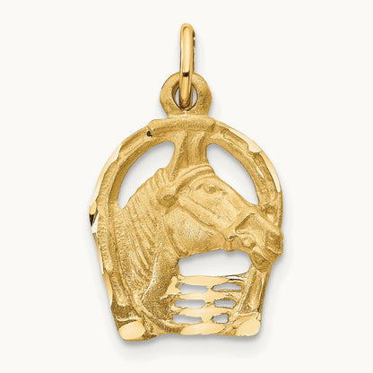 Diamond-cut Horse Head in Horseshoe Charm — 14K Yellow Gold