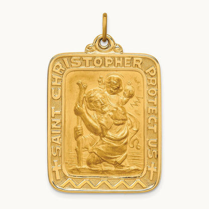 Solid Polished/Satin Large Rectangle St. Christopher Medal, 14K