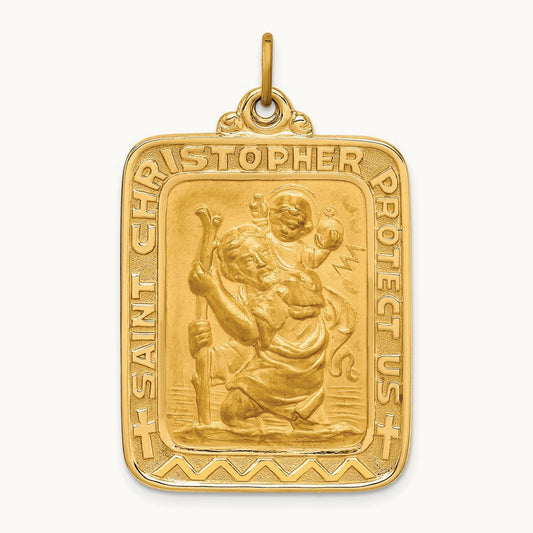 Solid Polished/Satin Large Rectangle St. Christopher Medal, 14K