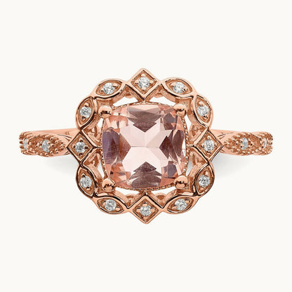 Morganite Diamond Halo Complete Engagement Ring, 14K Rose Gold