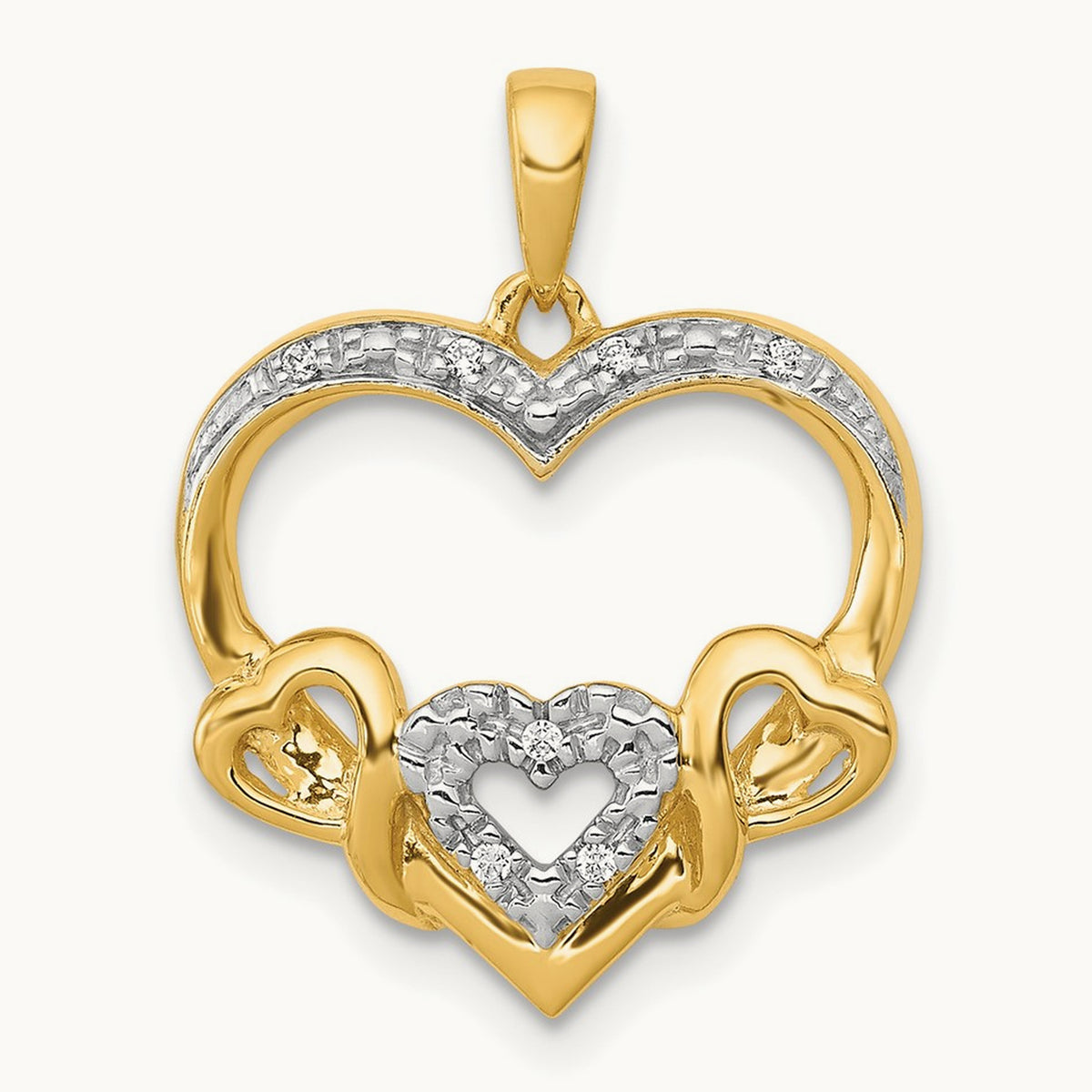 .03ct. Diamond and Rhodium Heart w/3 Smaller Hearts Pendant, 14K